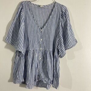 Cato Striped Babydoll Top Women 14/16W Blue Gold Metallic Linen Blend Excellent